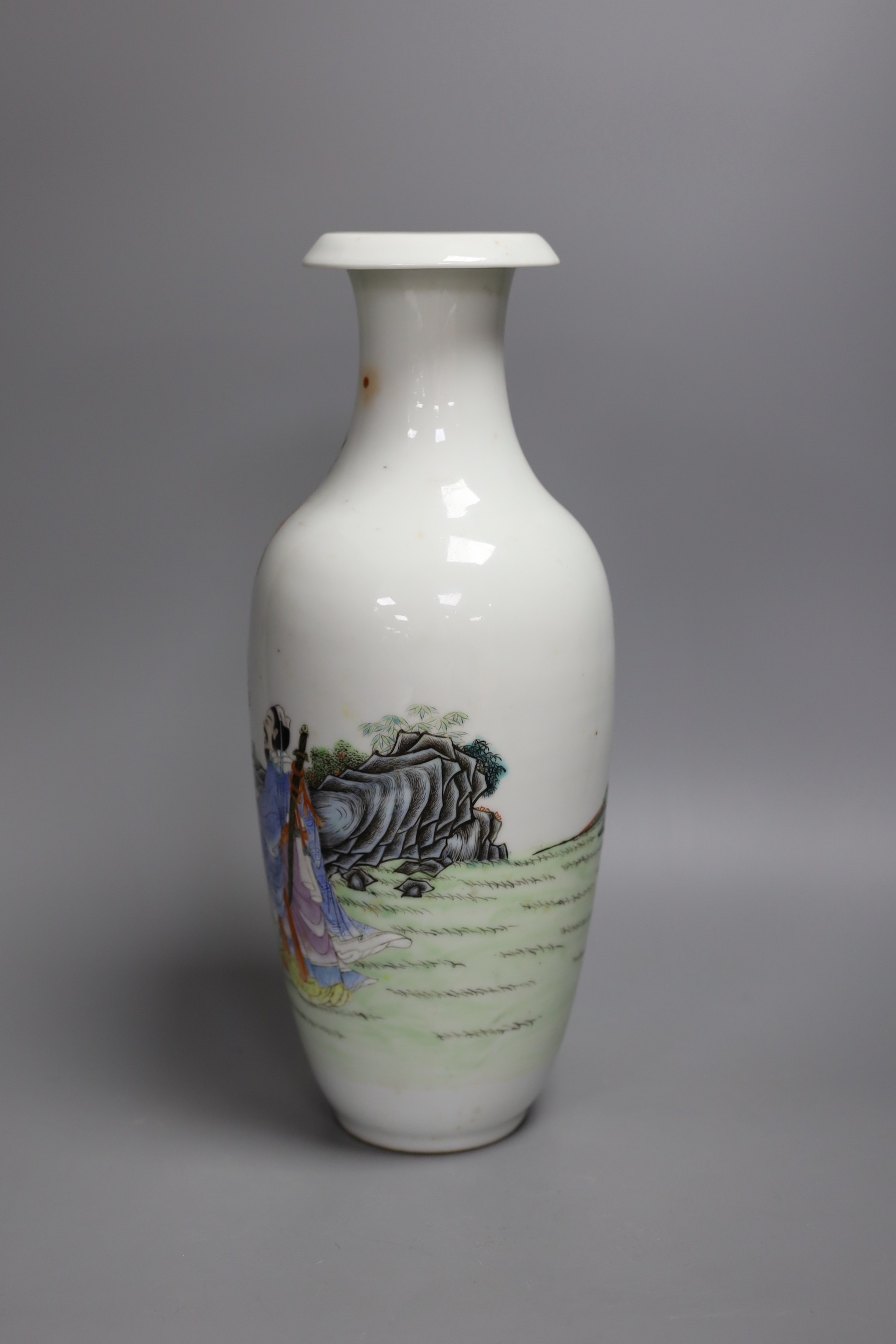 A Chinese Republic famille verte vase with figures (a.f.), 33cm tall